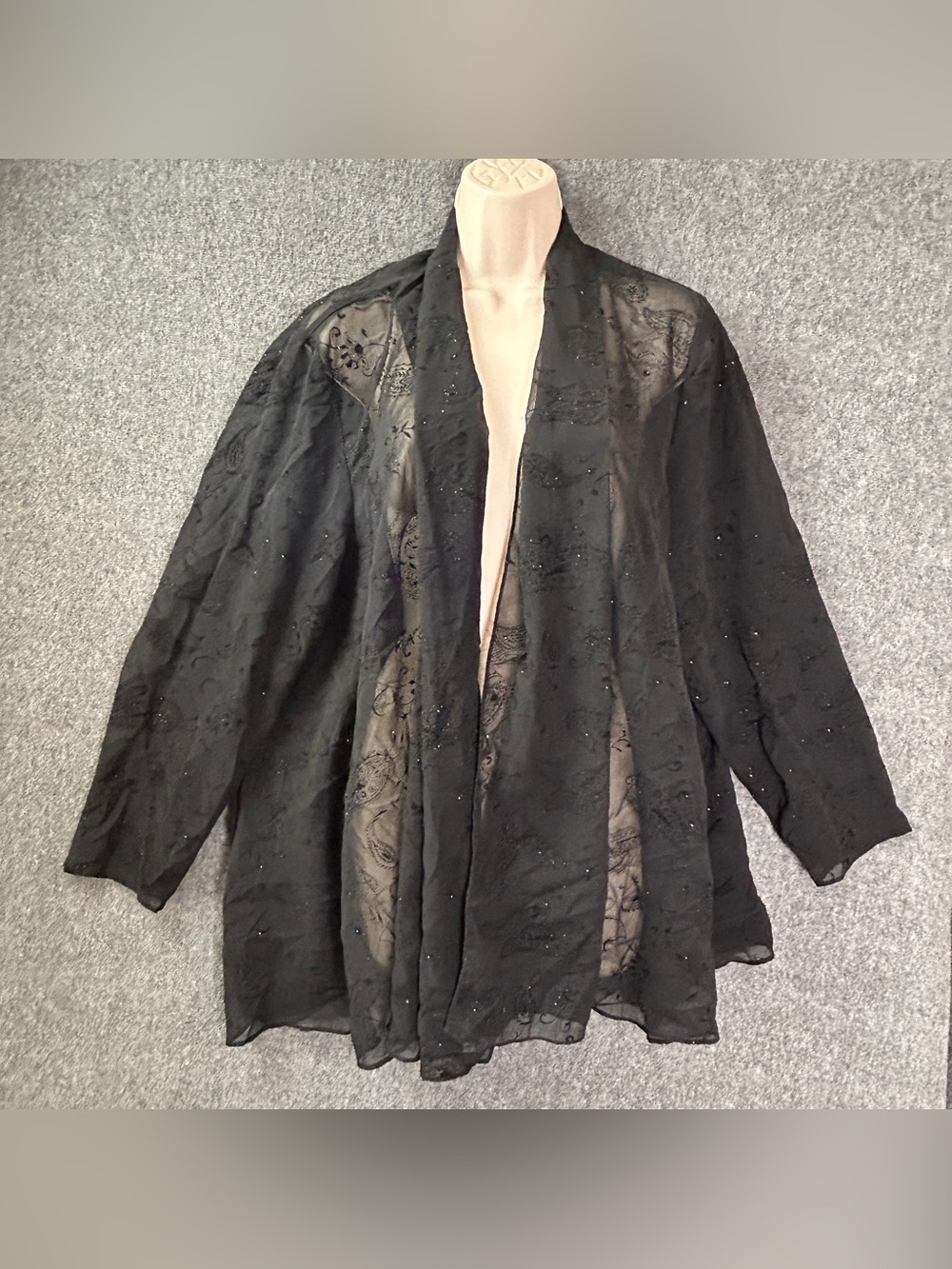 R&K Evening Jacket Womens 16W Black Sequin Paisley Sheer Kimono Open Front
